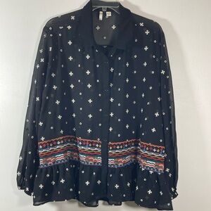 Cato Top/Blouse Women Size 18/20W Black & White Embroidery & Ruffle Semi Sheer